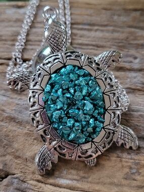 Turtle Pendant Necklace with Teal Stones